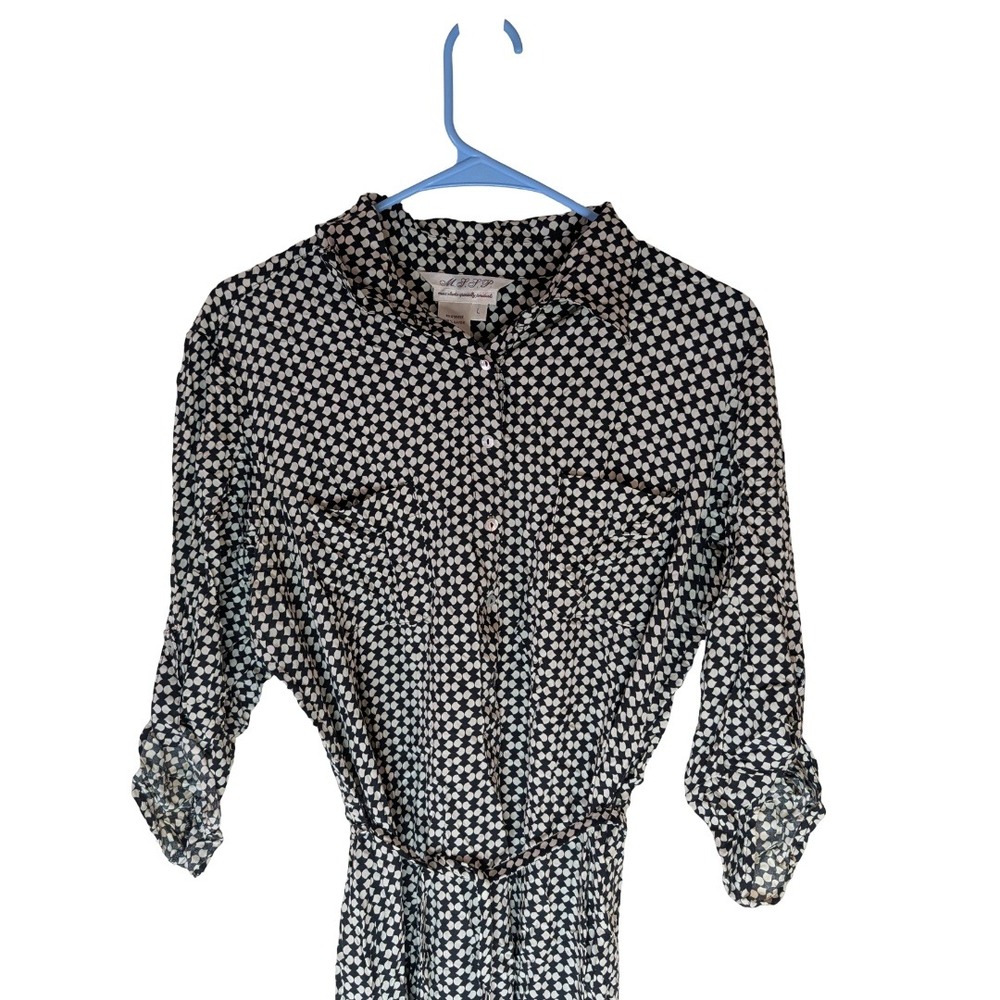 MSSP Max Studio Shirtdress Womens L Black White Geometric Rayon Roll Tab Vintage - Picture 3 of 12